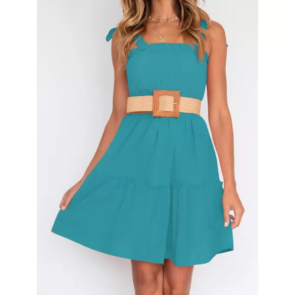 imageZESICA Womens Summer Spaghetti Strap Sleeveless Square Neck Ruffle A Line Swing Mini DressPeacock