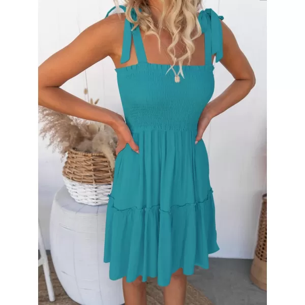 imageZESICA Womens Summer Spaghetti Strap Sleeveless Square Neck Ruffle A Line Swing Mini DressPeacock