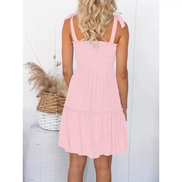 imageZESICA Womens Summer Spaghetti Strap Sleeveless Square Neck Ruffle A Line Swing Mini DressPink