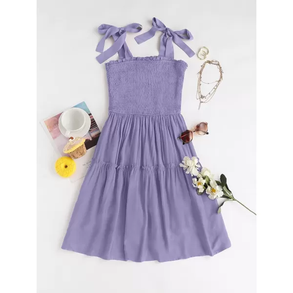 imageZESICA Womens Summer Spaghetti Strap Sleeveless Square Neck Ruffle A Line Swing Mini DressPurple