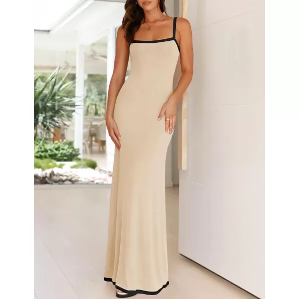 imageZESICA Womens Summer Spaghetti Straps Sleeveless Bodycon Maxi Dress 2024 Square Neck Contrast Ribbed Knit Long DressesApricot