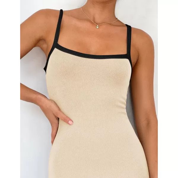 imageZESICA Womens Summer Spaghetti Straps Sleeveless Bodycon Maxi Dress 2024 Square Neck Contrast Ribbed Knit Long DressesApricot