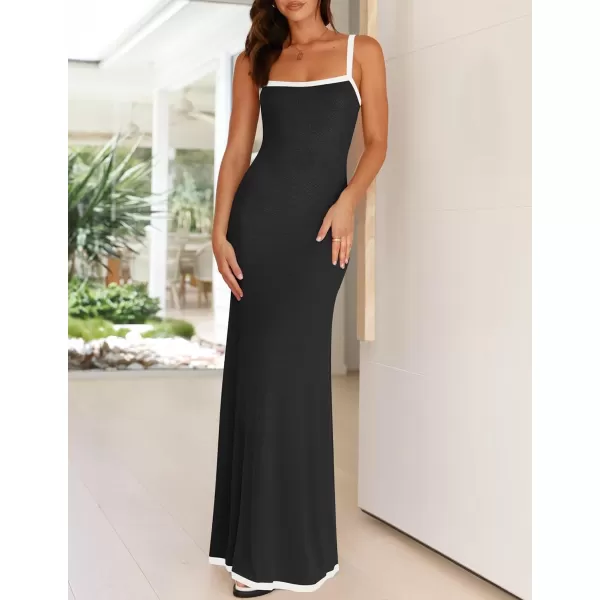 imageZESICA Womens Summer Spaghetti Straps Sleeveless Bodycon Maxi Dress 2024 Square Neck Contrast Ribbed Knit Long DressesBlack