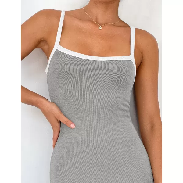 imageZESICA Womens Summer Spaghetti Straps Sleeveless Bodycon Maxi Dress 2024 Square Neck Contrast Ribbed Knit Long DressesGray