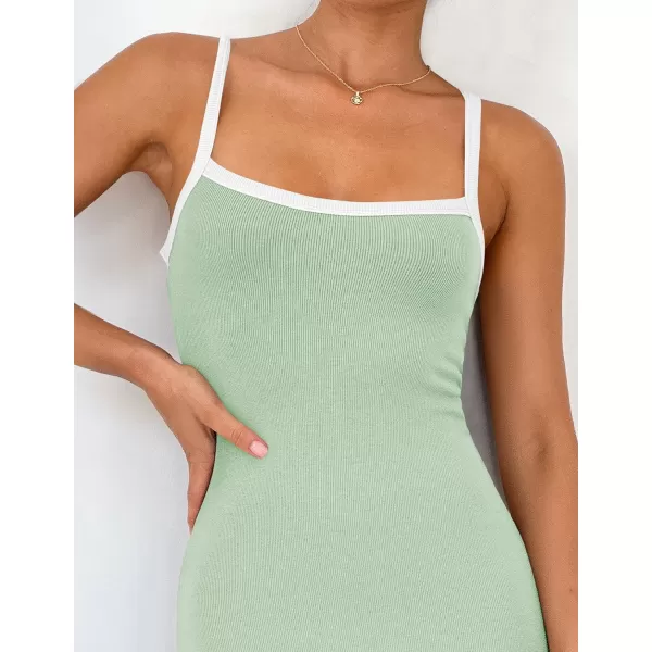 imageZESICA Womens Summer Spaghetti Straps Sleeveless Bodycon Maxi Dress 2024 Square Neck Contrast Ribbed Knit Long DressesGreen