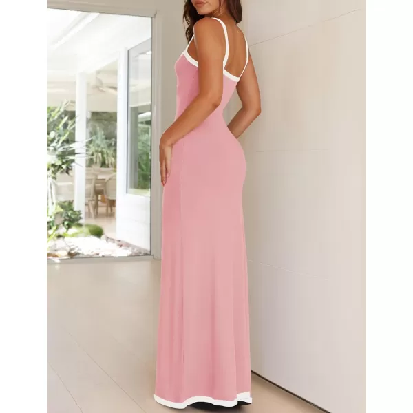 imageZESICA Womens Summer Spaghetti Straps Sleeveless Bodycon Maxi Dress 2024 Square Neck Contrast Ribbed Knit Long DressesPink