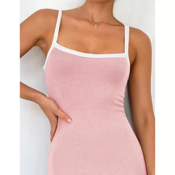 imageZESICA Womens Summer Spaghetti Straps Sleeveless Bodycon Maxi Dress 2024 Square Neck Contrast Ribbed Knit Long DressesPink