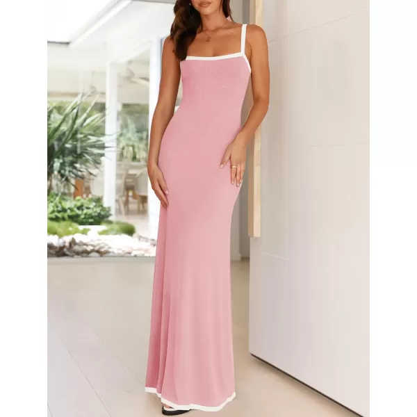 imageZESICA Womens Summer Spaghetti Straps Sleeveless Bodycon Maxi Dress 2024 Square Neck Contrast Ribbed Knit Long DressesPink