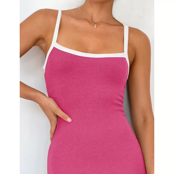 imageZESICA Womens Summer Spaghetti Straps Sleeveless Bodycon Maxi Dress 2024 Square Neck Contrast Ribbed Knit Long DressesRose