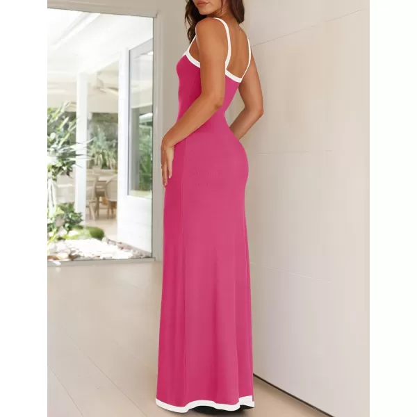 imageZESICA Womens Summer Spaghetti Straps Sleeveless Bodycon Maxi Dress 2024 Square Neck Contrast Ribbed Knit Long DressesRose