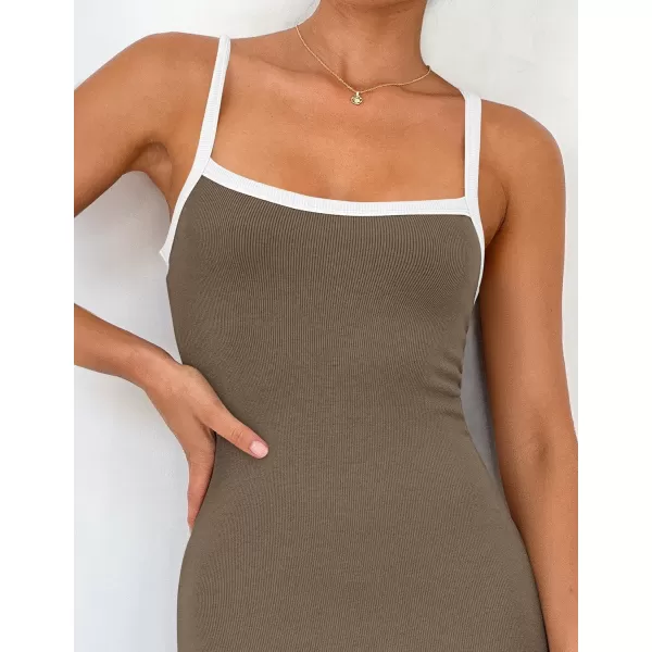 imageZESICA Womens Summer Spaghetti Straps Sleeveless Bodycon Maxi Dress 2024 Square Neck Contrast Ribbed Knit Long DressesTaupe