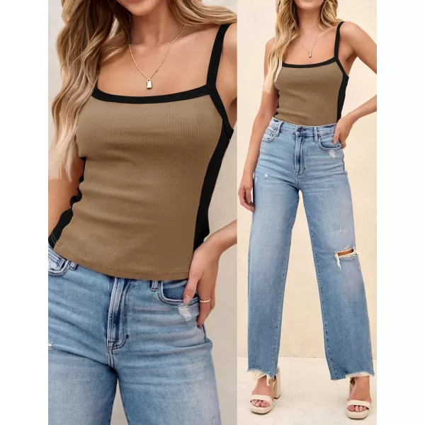 imageZESICA Womens Summer Spaghetti Straps Tank Tops Sleeveless Ribbed Knit Slim Fit Basic Camisole Tee ShirtsKhaki