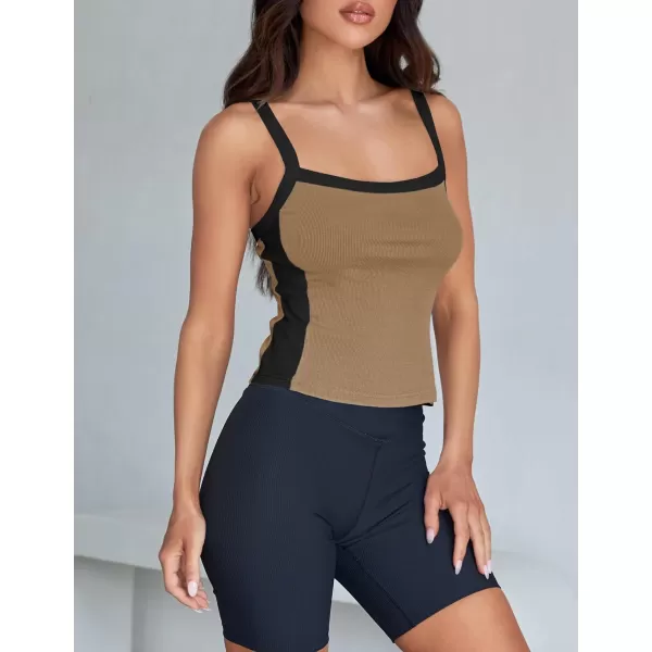 imageZESICA Womens Summer Spaghetti Straps Tank Tops Sleeveless Ribbed Knit Slim Fit Basic Camisole Tee ShirtsKhaki