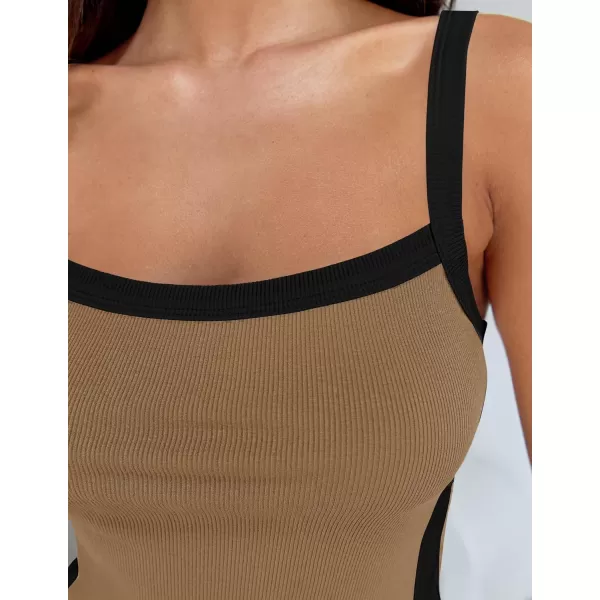 imageZESICA Womens Summer Spaghetti Straps Tank Tops Sleeveless Ribbed Knit Slim Fit Basic Camisole Tee ShirtsKhaki