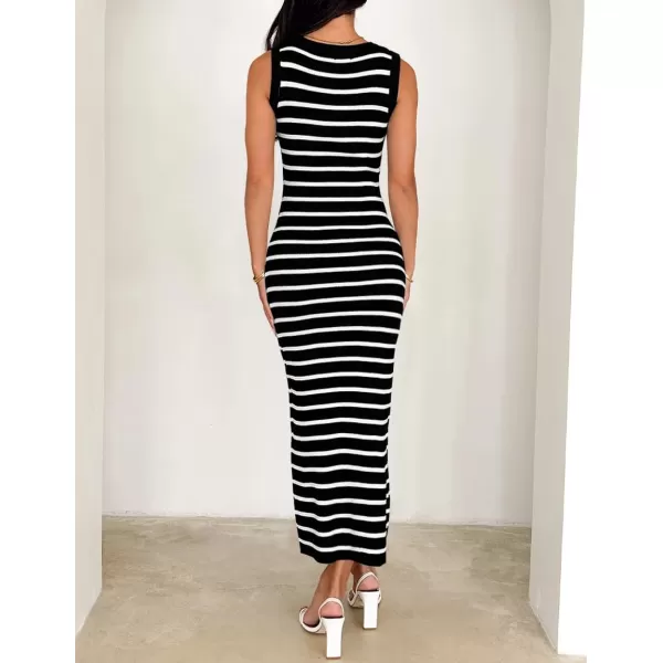 imageZESICA Womens Summer Square Neck Bodycon Maxi Dresses 2024 Casual Sleeveless Ribbed Knit Striped Beach Vacation Long DressBlack