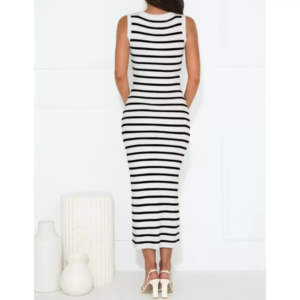 imageZESICA Womens Summer Square Neck Bodycon Maxi Dresses 2024 Casual Sleeveless Ribbed Knit Striped Beach Vacation Long DressWhite