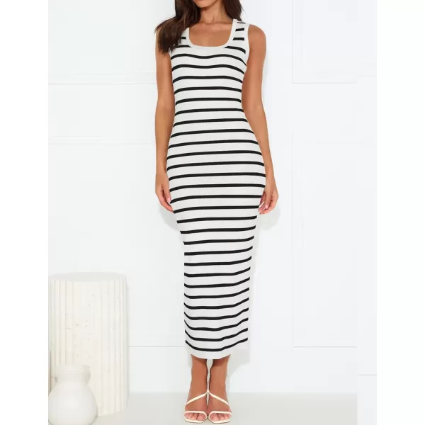 imageZESICA Womens Summer Square Neck Bodycon Maxi Dresses 2024 Casual Sleeveless Ribbed Knit Striped Beach Vacation Long DressWhite