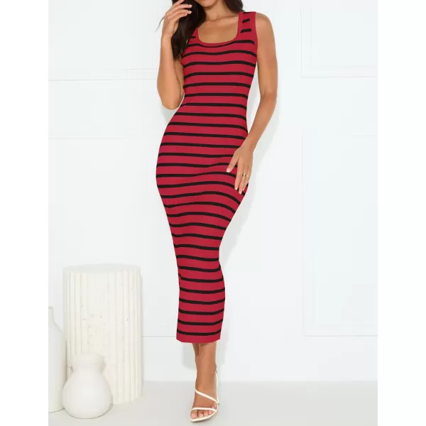 imageZESICA Womens Summer Square Neck Bodycon Maxi Dresses 2024 Casual Sleeveless Ribbed Knit Striped Beach Vacation Long DressWine