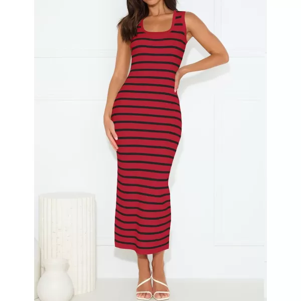 imageZESICA Womens Summer Square Neck Bodycon Maxi Dresses 2024 Casual Sleeveless Ribbed Knit Striped Beach Vacation Long DressWine