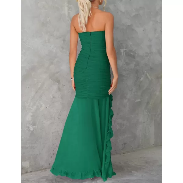 imageZESICA Womens Summer Strapless Bodycon Dress 2024 Sexy Mesh Irregular Ruffle Backless Cocktail Maxi DressesDark Green