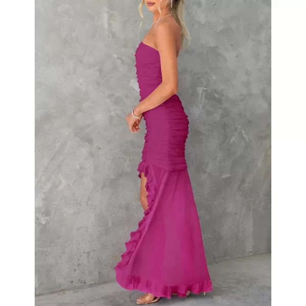imageZESICA Womens Summer Strapless Bodycon Dress 2024 Sexy Mesh Irregular Ruffle Backless Cocktail Maxi DressesEggplant