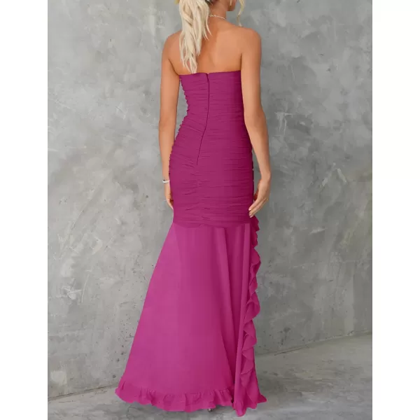 imageZESICA Womens Summer Strapless Bodycon Dress 2024 Sexy Mesh Irregular Ruffle Backless Cocktail Maxi DressesEggplant