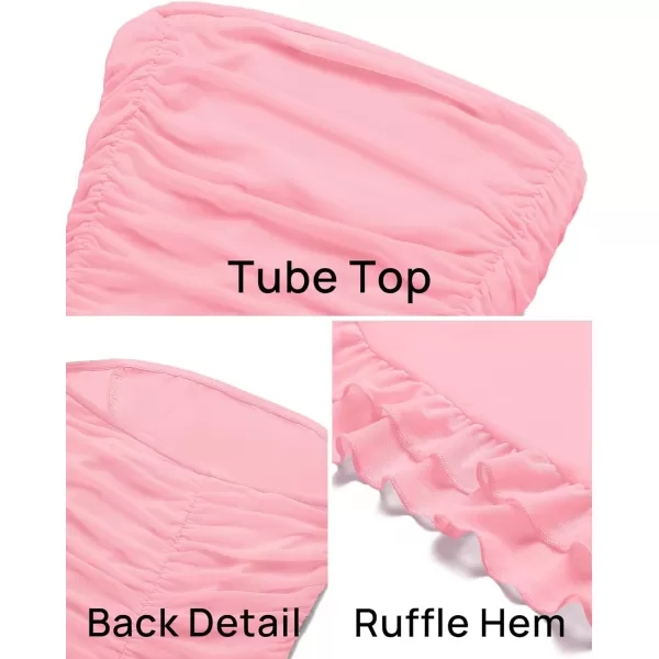 imageZESICA Womens Summer Strapless Bodycon Dress 2024 Sexy Mesh Irregular Ruffle Backless Cocktail Maxi DressesLight Pink