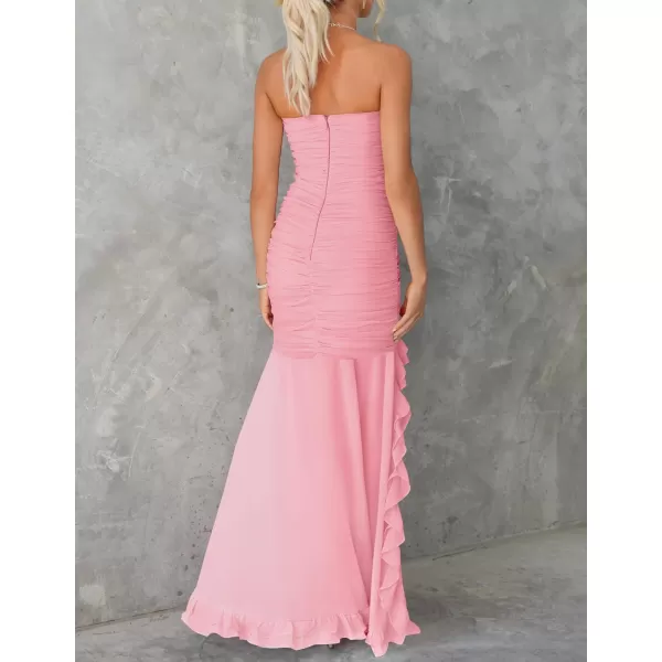 imageZESICA Womens Summer Strapless Bodycon Dress 2024 Sexy Mesh Irregular Ruffle Backless Cocktail Maxi DressesLight Pink