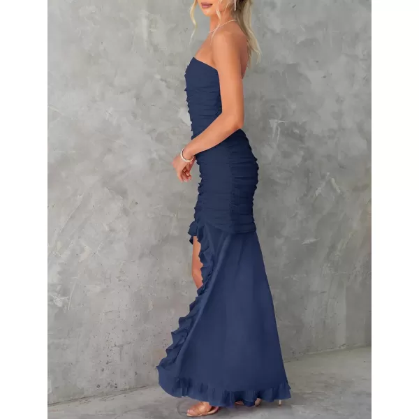imageZESICA Womens Summer Strapless Bodycon Dress 2024 Sexy Mesh Irregular Ruffle Backless Cocktail Maxi DressesNavy