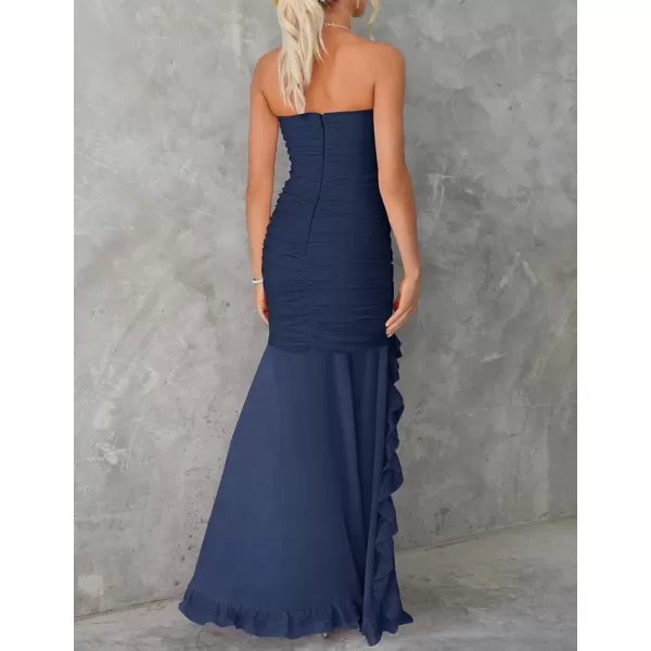 imageZESICA Womens Summer Strapless Bodycon Dress 2024 Sexy Mesh Irregular Ruffle Backless Cocktail Maxi DressesNavy