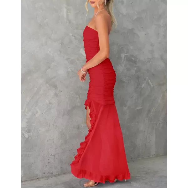 imageZESICA Womens Summer Strapless Bodycon Dress 2024 Sexy Mesh Irregular Ruffle Backless Cocktail Maxi DressesRed