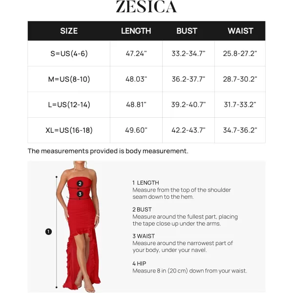 imageZESICA Womens Summer Strapless Bodycon Dress 2024 Sexy Mesh Irregular Ruffle Backless Cocktail Maxi DressesRed