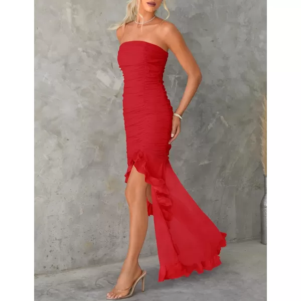 imageZESICA Womens Summer Strapless Bodycon Dress 2024 Sexy Mesh Irregular Ruffle Backless Cocktail Maxi DressesRed