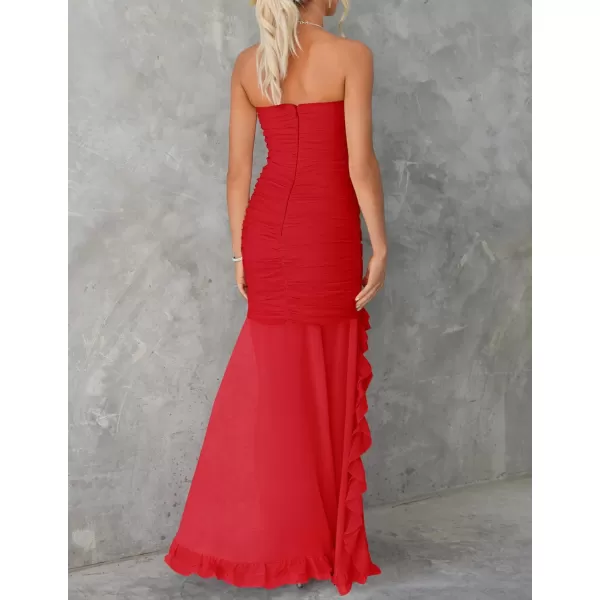 imageZESICA Womens Summer Strapless Bodycon Dress 2024 Sexy Mesh Irregular Ruffle Backless Cocktail Maxi DressesRed