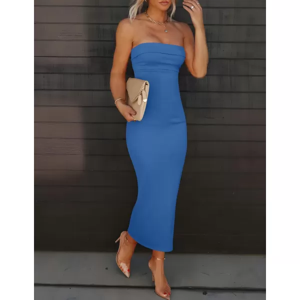 imageZESICA Womens Summer Strapless Bodycon Maxi Dress 2024 Off Shoulder Strapless Side Slit Tube Long Club Party DressesBlue