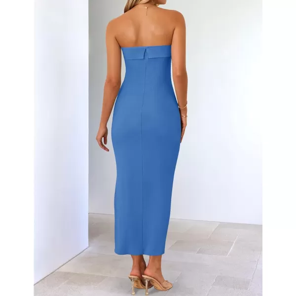 imageZESICA Womens Summer Strapless Bodycon Maxi Dress 2024 Off Shoulder Strapless Side Slit Tube Long Club Party DressesBlue
