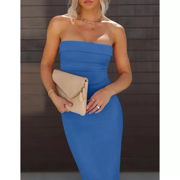 imageZESICA Womens Summer Strapless Bodycon Maxi Dress 2024 Off Shoulder Strapless Side Slit Tube Long Club Party DressesBlue