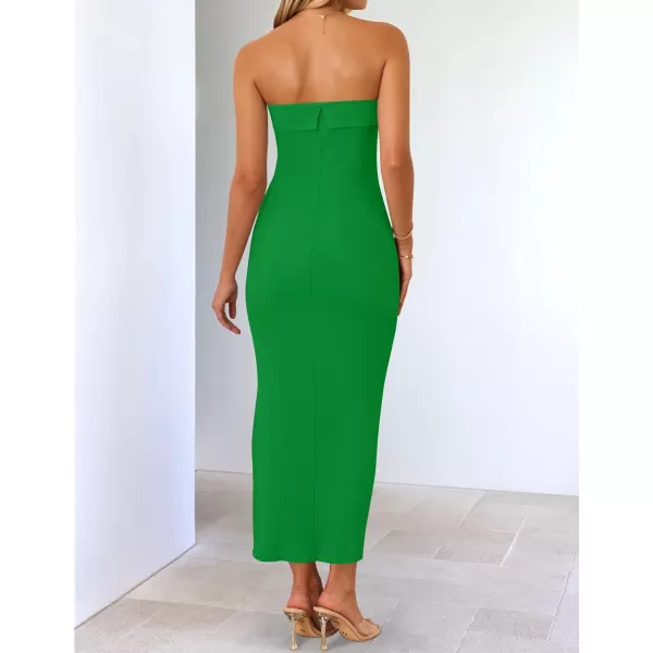 imageZESICA Womens Summer Strapless Bodycon Maxi Dress 2024 Off Shoulder Strapless Side Slit Tube Long Club Party DressesGreen