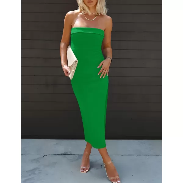 imageZESICA Womens Summer Strapless Bodycon Maxi Dress 2024 Off Shoulder Strapless Side Slit Tube Long Club Party DressesGreen