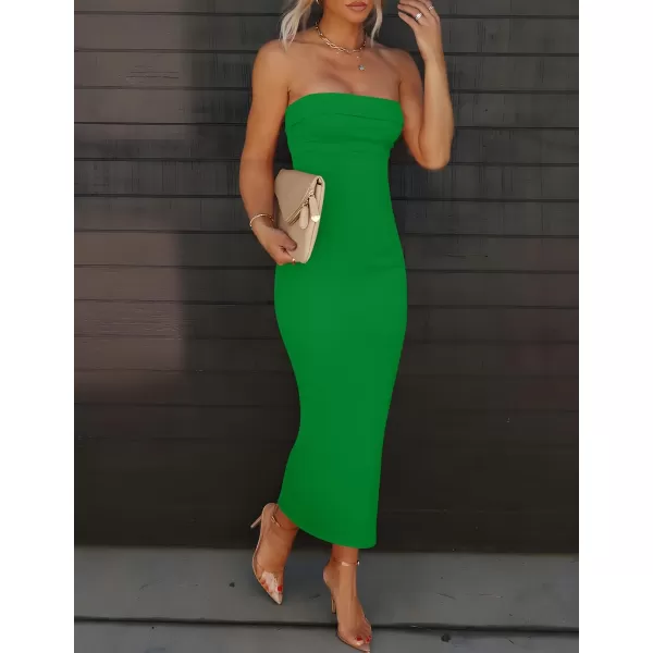 imageZESICA Womens Summer Strapless Bodycon Maxi Dress 2024 Off Shoulder Strapless Side Slit Tube Long Club Party DressesGreen