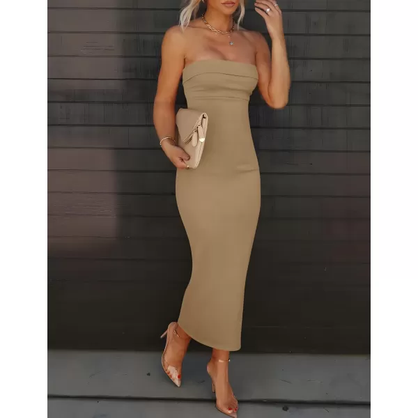imageZESICA Womens Summer Strapless Bodycon Maxi Dress 2024 Off Shoulder Strapless Side Slit Tube Long Club Party DressesKhaki
