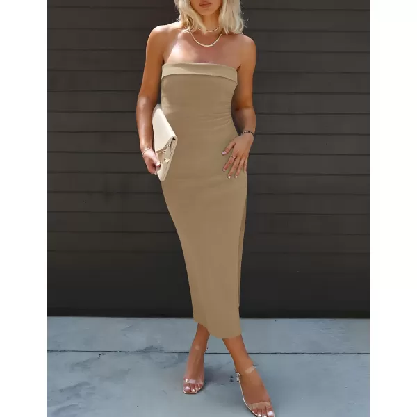 imageZESICA Womens Summer Strapless Bodycon Maxi Dress 2024 Off Shoulder Strapless Side Slit Tube Long Club Party DressesKhaki