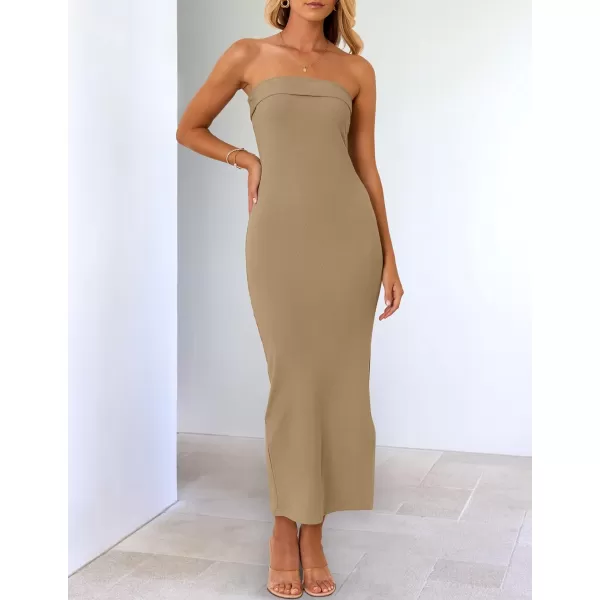 imageZESICA Womens Summer Strapless Bodycon Maxi Dress 2024 Off Shoulder Strapless Side Slit Tube Long Club Party DressesKhaki