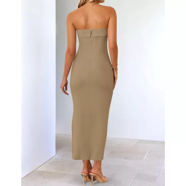 imageZESICA Womens Summer Strapless Bodycon Maxi Dress 2024 Off Shoulder Strapless Side Slit Tube Long Club Party DressesKhaki