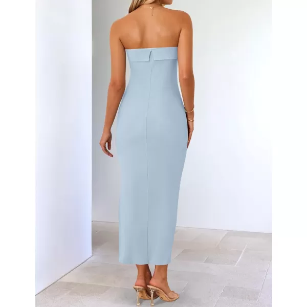 imageZESICA Womens Summer Strapless Bodycon Maxi Dress 2024 Off Shoulder Strapless Side Slit Tube Long Club Party DressesLight Blue