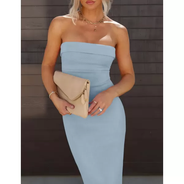 imageZESICA Womens Summer Strapless Bodycon Maxi Dress 2024 Off Shoulder Strapless Side Slit Tube Long Club Party DressesLight Blue