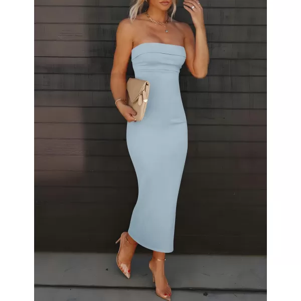 imageZESICA Womens Summer Strapless Bodycon Maxi Dress 2024 Off Shoulder Strapless Side Slit Tube Long Club Party DressesLight Blue