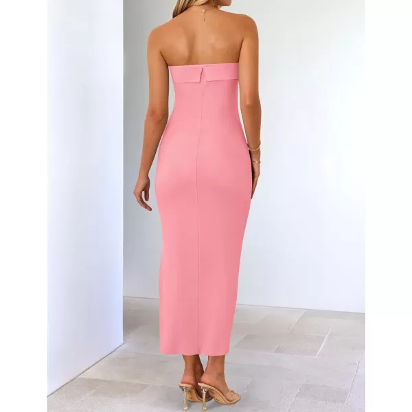 imageZESICA Womens Summer Strapless Bodycon Maxi Dress 2024 Off Shoulder Strapless Side Slit Tube Long Club Party DressesPink