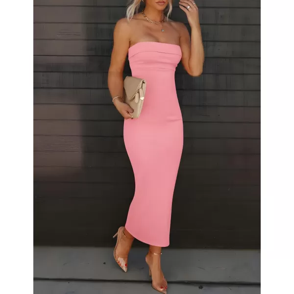 imageZESICA Womens Summer Strapless Bodycon Maxi Dress 2024 Off Shoulder Strapless Side Slit Tube Long Club Party DressesPink