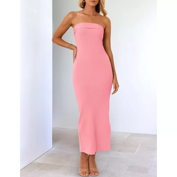 imageZESICA Womens Summer Strapless Bodycon Maxi Dress 2024 Off Shoulder Strapless Side Slit Tube Long Club Party DressesPink